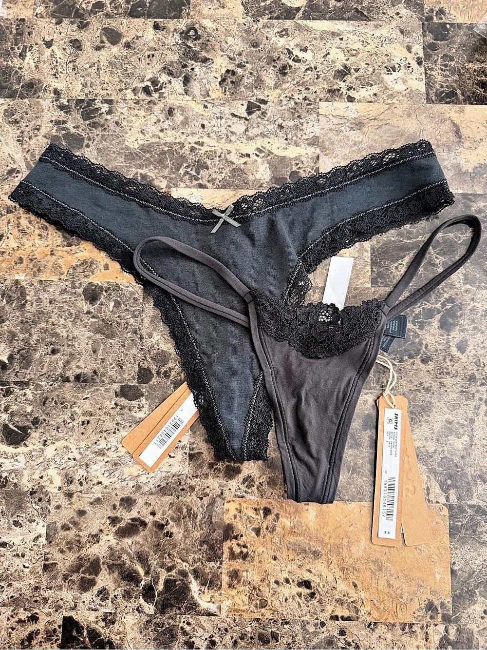 SKIMS Cotton Lace Thong / Fits Everybody Lace Thong Black bundle